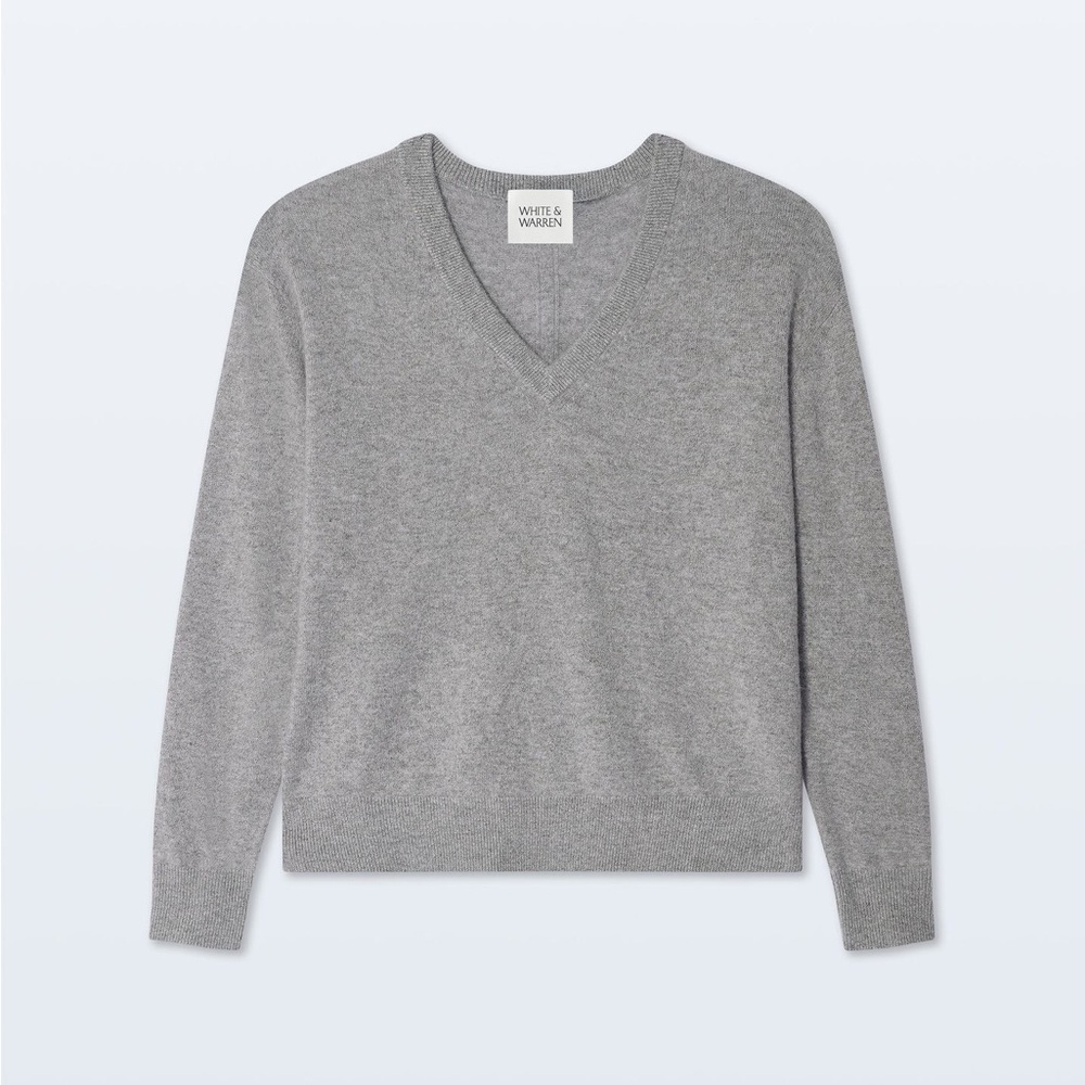White + Warren Gray V-Neck Sweater XS